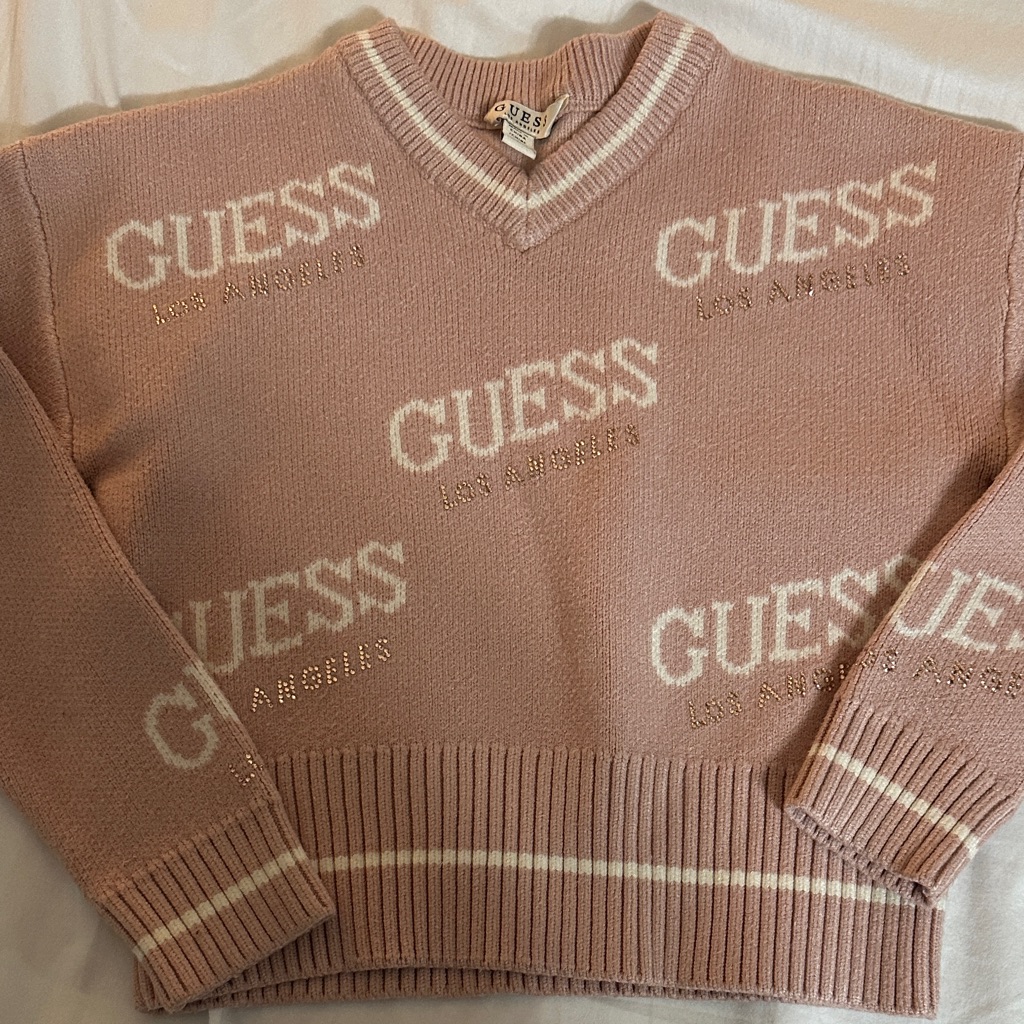 Girls Guess Dusty Rose Logo V-Neck Sweater